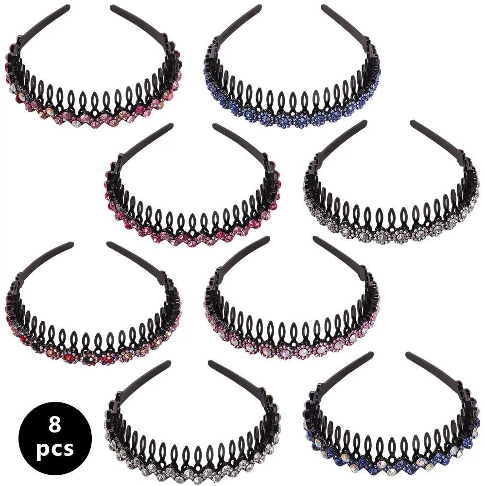 Women's 8Pcs Rhinestone Headbands with Teeth Comb Grip, Non-slip Plastic Band Hair Accessories with Sparkly Look, Flower Wave Crystal Hoop Female Headwear for Women, Accessories For Women