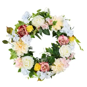 24-in Artificial Decorative Wreath with Peony & Hydrangea Artificial Plants, White-Pink-Yellow Decorative Flowers, Year-Round Indoor-Outdoor Ornament for Home Wall, Wedding Decorations