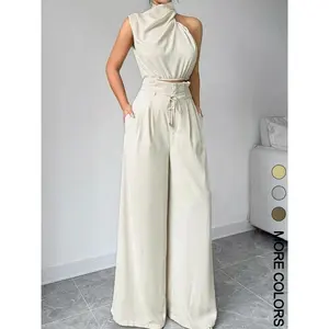 Women’s solid-color crop top and wide-leg pants two-piece set, elegant and fashionable casual top and everyday outdoor pants, women’s clothing, casual set GARMENTARY