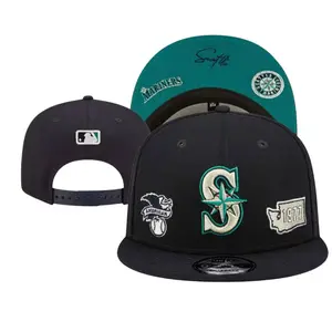 New Era MLB Seattle Mariners Snapback Cap – Navy Flat Brim MLB Hat with Embroidered Mariners Compass Logo, Anniversary Side Patches, Teal Undervisor, Limited Edition Streetwear Cap