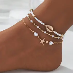Women's Boho Style Starfish & Shell Decor Anklet, Fashionable Beaded Anklet for Beach Party Vacation, Elegant All-match Fashion Accessories for Daily Wear, Trendy Jewellery Accessories