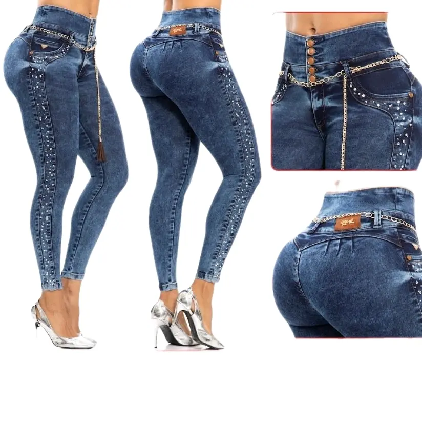 Studded Denim Jeans with Chain Detail and Button Closure for Women's Fashionable Fit