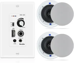 Herdio HWA 16BT 6.5-in Stereo Ceiling Speakers Pair - Wired, Wireless Bluetooth, 320W, In-Wall Controls, Custom Mount, USB Amplifier Receiver with Charging Port, Memory Support for Smartphones, Home Theater, Living Room