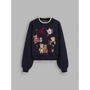 Cider [size 2-10] Knit Round Neckline Bear Bowknot Contrasting Binding Long Sleeve Top SwimWeek
