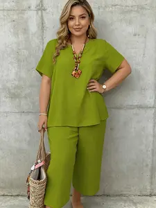 Women's Plus Size Elegant Wide Leg Pants Set Solid Short Sleeve Casual Outfit Two Piece Set Solid Color Top and Wide Leg Pants Matching Suit Mother's Day Gift Idea 2026 Season