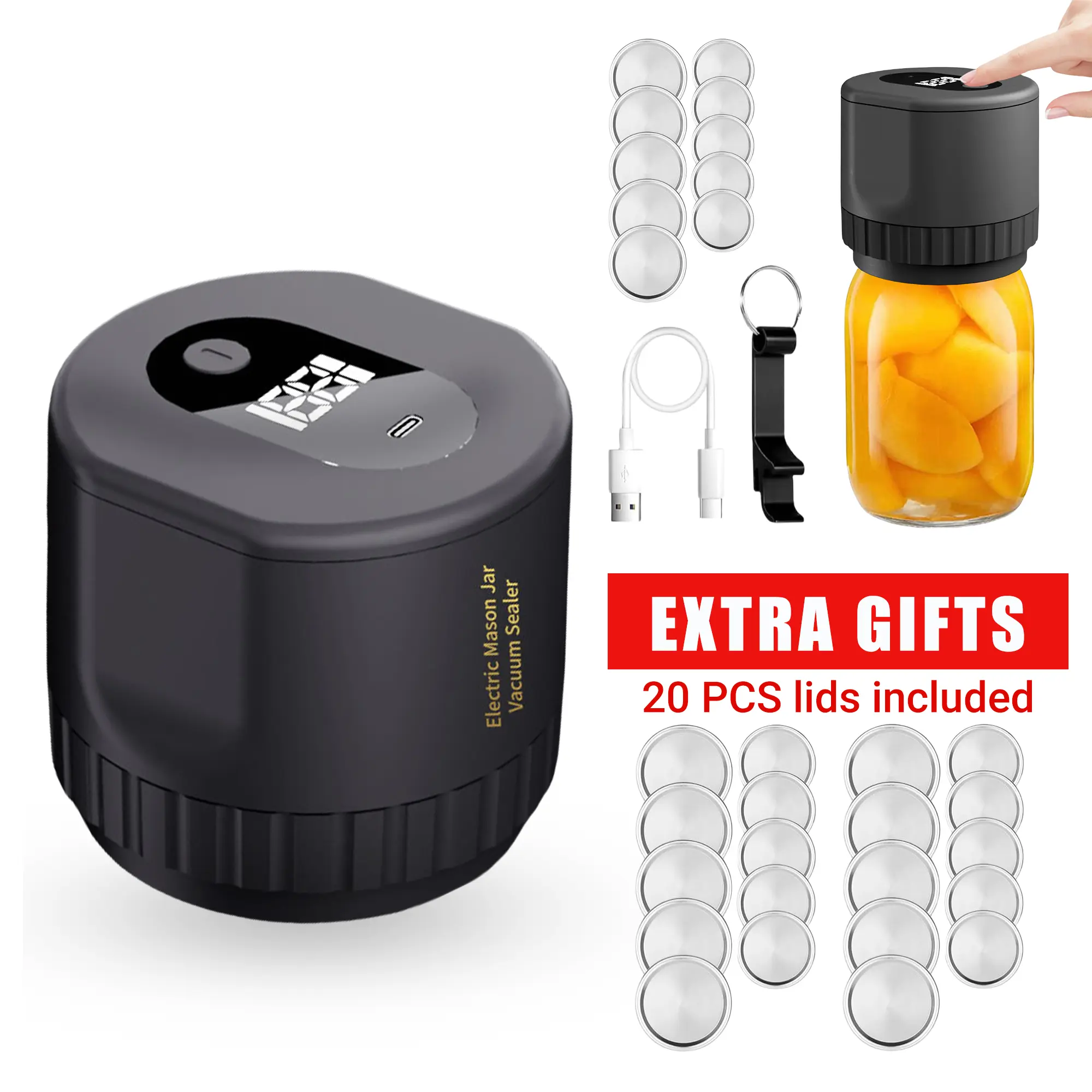 13-Piece Smart Vacuum Sealer Kit + 20 Free Extra Lids - Leak-Proof Auto-Stop Can Jar Sealer for Fresh Food Storage, Perfect Fit for Wide/Regular Mouth Mason Jars