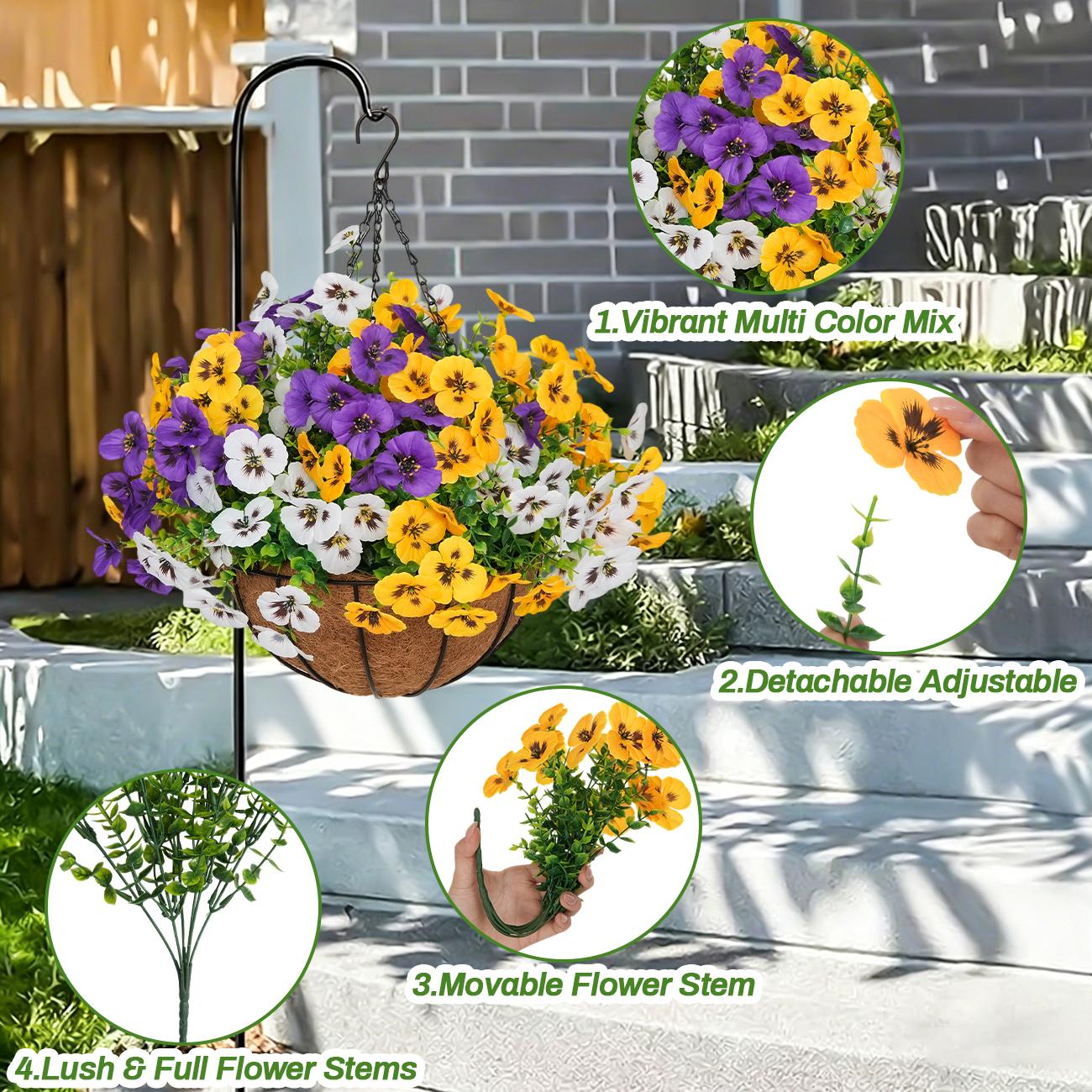 2Pcs UV-Resistant Outdoor Indoor Hanging Flower Baskets, Artificial Flowers for Outside, Pansy Hanging Planter, No-Fade Floral for Porch, Garden, Balcony & Fence Decor