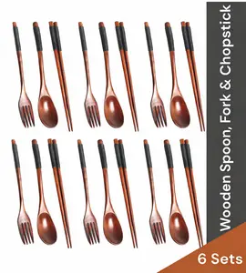 6 Sets Wooden Flatware Set, Travel Cutlery Wooden Portable Set Chopsticks Spoon Fork Tableware Dinnerware with thread Reusable (with black thread)