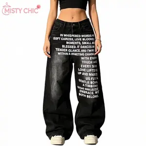 MISTY CHIC Vintage Washed Wide Leg Denim Pants With Bold Text Print And Baggy Silhouette, Retro Streetwear Perfect For Everyday Wear And Effortlessly Curated Statement Looks