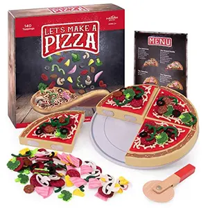 Brybelly TEAT-034 Lets Make a Pizza Playset with 140 Toppings, Kitchen Play Set, Wooden, Play Kitchen Accessories