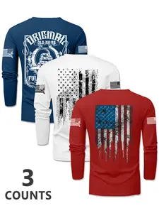 Men's 3-Piece Knit Flag Gradient Print Crew Neck Long Sleeve T-Shirt Set, Spring Outdoor Casual Pullover Tee, 3-Pack