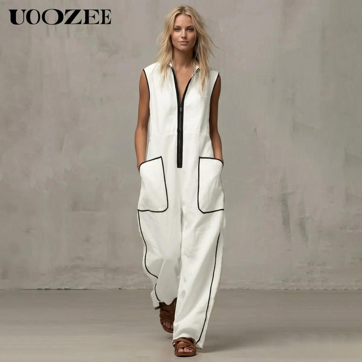UOOZEE Women's Flowy Polyester Sleeveless Strappy Wide Leg Jumpsuit - High Mock Neck, Half-Zip, Contrast Trim, Pockets, Soft Casual Style for Everyday & Beach & Festival, Breathable, Fabric, Jumpsuits For Women