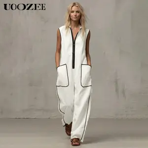 UOOZEE Women's Summer White Contrast Trim Sheer Sleeveless High Neck Half-Zip Wide Leg Overalls with Pockets, 100% Polyester Breathable Tall-Friendly Jumpsuit for Beach, Street Style, Festival, Minimalist Loungewear