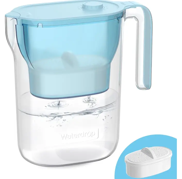 Waterdrop PT-05B-L Water Filter Pitcher, 7-Cup, NSF Certified, 200-Gallon Long-Life Filter Purifier, Reduces Chlorine and PFOA/PFOS, for Countertop, Replaces 6,400 Plastic Water Bottles a Year, Blue