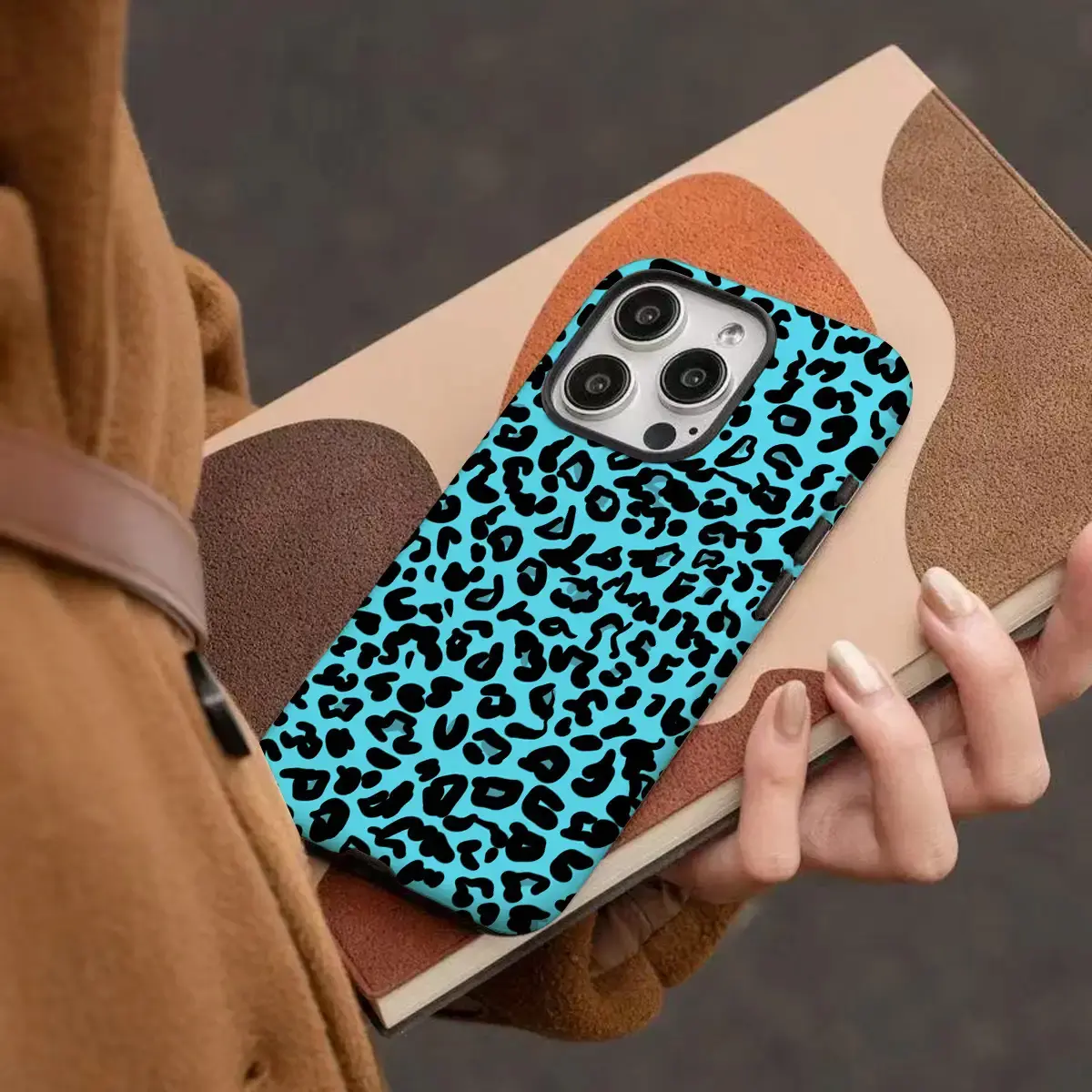 Blue Leopard Print 2-in-1 Soft-Hard TPU Casing for iPhone 16/15/14/13/12/11 Pro Max, Flexible TPU Material Cover with Camera Protector, Mobile Phone Accessory