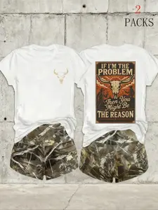 Women's 2-Pack Western Bull Print Short Sleeve T-Shirt & Camo Shorts Set, Soft Casual Fabric, Loose, Daily Streetwear Loungewear, Black Beige Pink White Purple Red Multi-Color Options