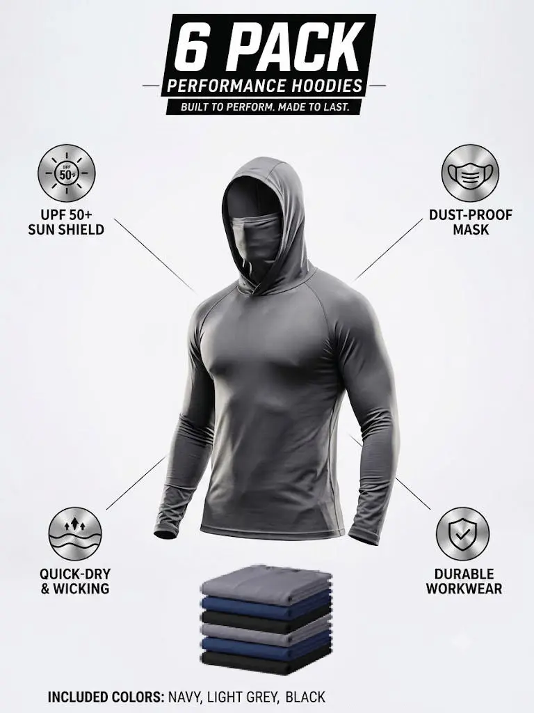 Men's 6-Pack UPF 50+ Sun Protection Polyester Compression Tees - Lightweight Knit, Built-in Face Mask, Long Sleeve, Form-Fitting, Quick Dry, All Seasons Work Tops for Fishing, Construction, Polyester Clothes, Built-In Mask