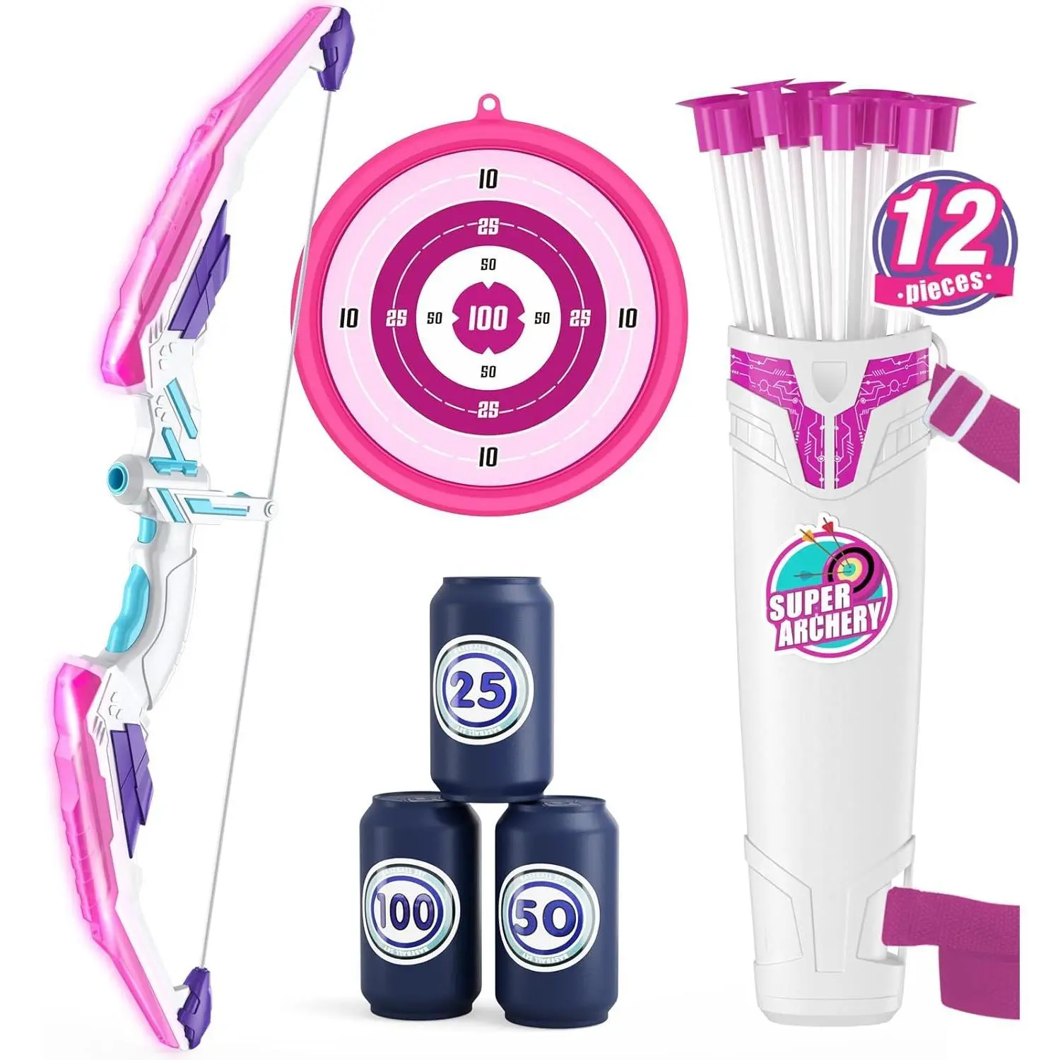Z-OGP3 Bow and Arrow for Kids, LED Light Up Archery Set with 12 Suction Cup Arrows, 1 Hanging Target, 3 Score Targets & 1 Quiver, Indoor Outdoor Sport Gifts for Boys Girls Ages 4-12, Purple