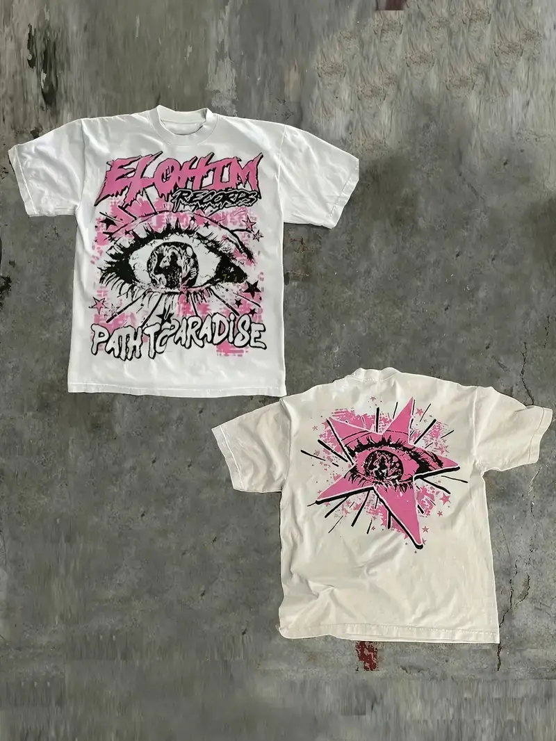 Y2K Men's Graphic T-Shirt - ELOHIM Path to Paradise Bold Slogan Print, White with Pink & Black Design, Regular Fit Short Sleeve Round Neck Casual Summer Tee, Machine Washable Top, Retro Fashion Tee, Durable Fabric, Streetwear Style, Vintage Design