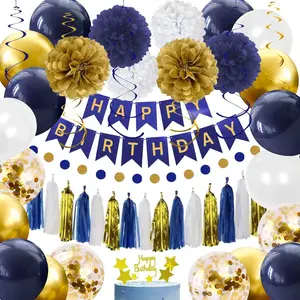 Birthday Decorations for Men and Boys, Navy Blue, Gold, White-Party Decorations Kit with Banner, Balloons, Tissue Pompoms, Swirls, Tassels Garland