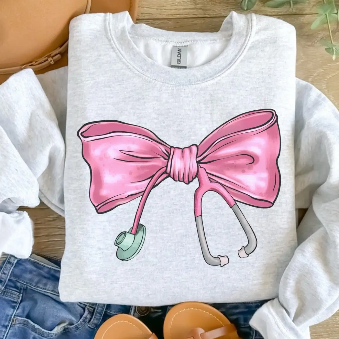 Stethoscope Bow Sweatshirt - Ash Grey - Unisex Fitted Crew Neck Long Sleeve Cotton Jersey Soft Everyday Wear Winter Style