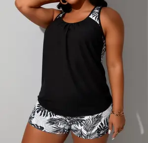 Women's Plus Size 2-Piece Tropical Leaf Print Tankini Set - Blouson Racerback Top, Matching Swim Shorts, Available in Black, Navy Blue, Hot Pink for Summer Sports & Outdoor Use