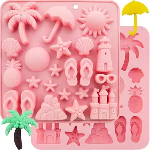 2Pcs Summer Beach Theme Silicone Molds for Chocolate, Coconut Tree Starfish Shells Beacon Pineapple Shape for Candy Jello Cookie Ice Cube Baking Tropical Summer Marine Party
