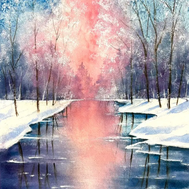 Mystical Winter Original Watercolor Painting 12x16 Inches Magical Winter Wonderland Scene with Snowy Trees and Icy River