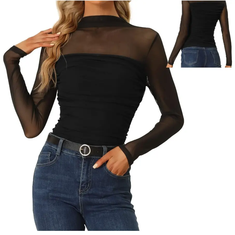 Women's Minimalist Basic Solid Long-Sleeved See-Through Mesh Blouse - Stand-Up Collar, Side Panels, Breathable, Wrinkle-Resistant, Versatile All-Season Top for Casual/Office Ootd Style, Blouses, Elegant, High Neck, Holiday, Plain, Outdoor