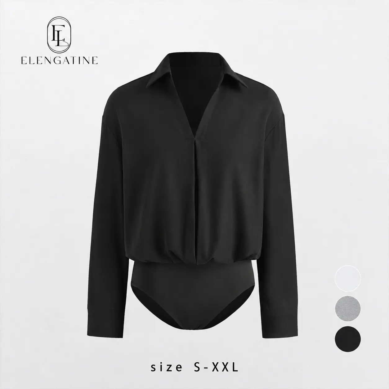 EL ELENGATINE Women's Bodysuit, Long Sleeve Collared V-Neck Blouse Top in a Lightweight Basic Fabric for Corporate Office Wear, Capsule Wardrobe, Polyester, Long Sleeve Tops, Office Work Clothes, Business Casual Tops