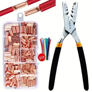 250Pcs Copper Wire Ferrules Kit - 7 Sizes Non-Insulated Crimp Connector Butt Terminal Assortment with Pliers, Heat Shrink for Home Improvement, Home Appliances, Marine, Automatic Equipment
