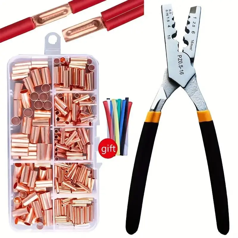 250Pcs Assorted Non-Insulated Copper Wire Ferrules Kit - 7 Sizes Corrosion-Resistant Crimp Connector Butt Terminals with Pliers, Heat Shrink for Home Improvement, Daily Use