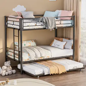 Heavy-Duty Metal Triple Bunk Bed with Trundle, Convertible 3-Person Bunk Bed Frame with Safety Guardrails & Wide Ladder, Noise-Reduced Design, No Box Spring Needed, Black or White