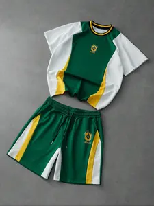 Brazil Team Colorblock Casual Set, Vibrant Street Style, Short Sleeve & Shorts, Summer, Daily Wear, Fan Activities