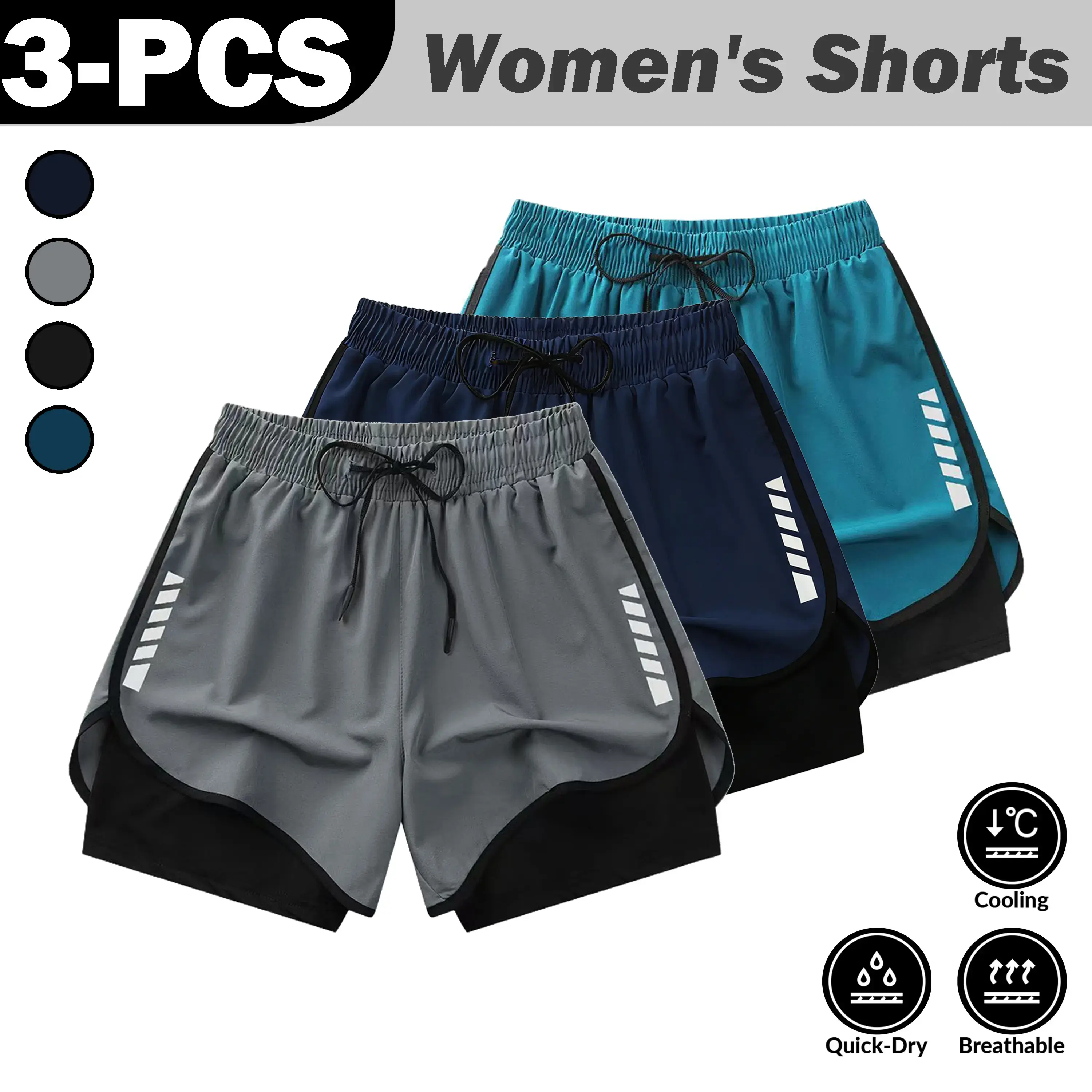 Women’s summer 3-piece quick-dry sports shorts set, cool and breathable hot pants with a faux two-piece design to prevent exposure, suitable for fitness, yoga, and running