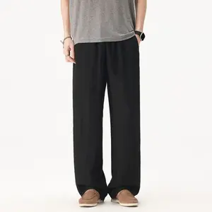 Men's Plain Wide-Leg Pants, Baggy Straight-Cut Casual Trousers, Lightweight Breathable Fabric with Drawstring Waist