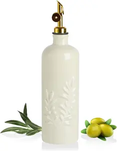 18 Oz Oil Dispenser for Kitchen with Gravity Spout, Ceramic Olive Oil Dispenser Bottle,  Opaque Vinegar Container for Evoo, Vinegar, Soy Sauce, Pack of 1(Beige,  Spout)