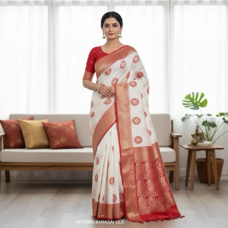 Women's Elegant Silk Saree in White with a Wide Red Border, Traditional Party Wear for Festive Puja Occasions, Women's Clothes