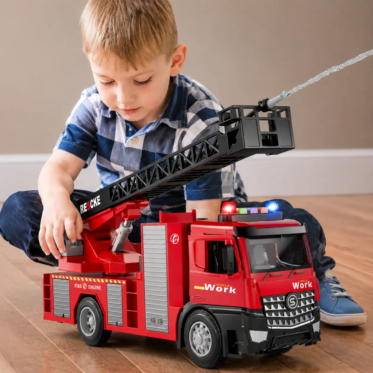 Unisex Metal Alloy Firefighting Rescue Truck Pretend Play Toy for Kids 3+ Years, Practical Water Spray Function, Long Telescopic Extension Ladder, Cool Integrated Flashing Lights, Music Sound Effects, Shockproof Drop-Resistant Sturdy Body
