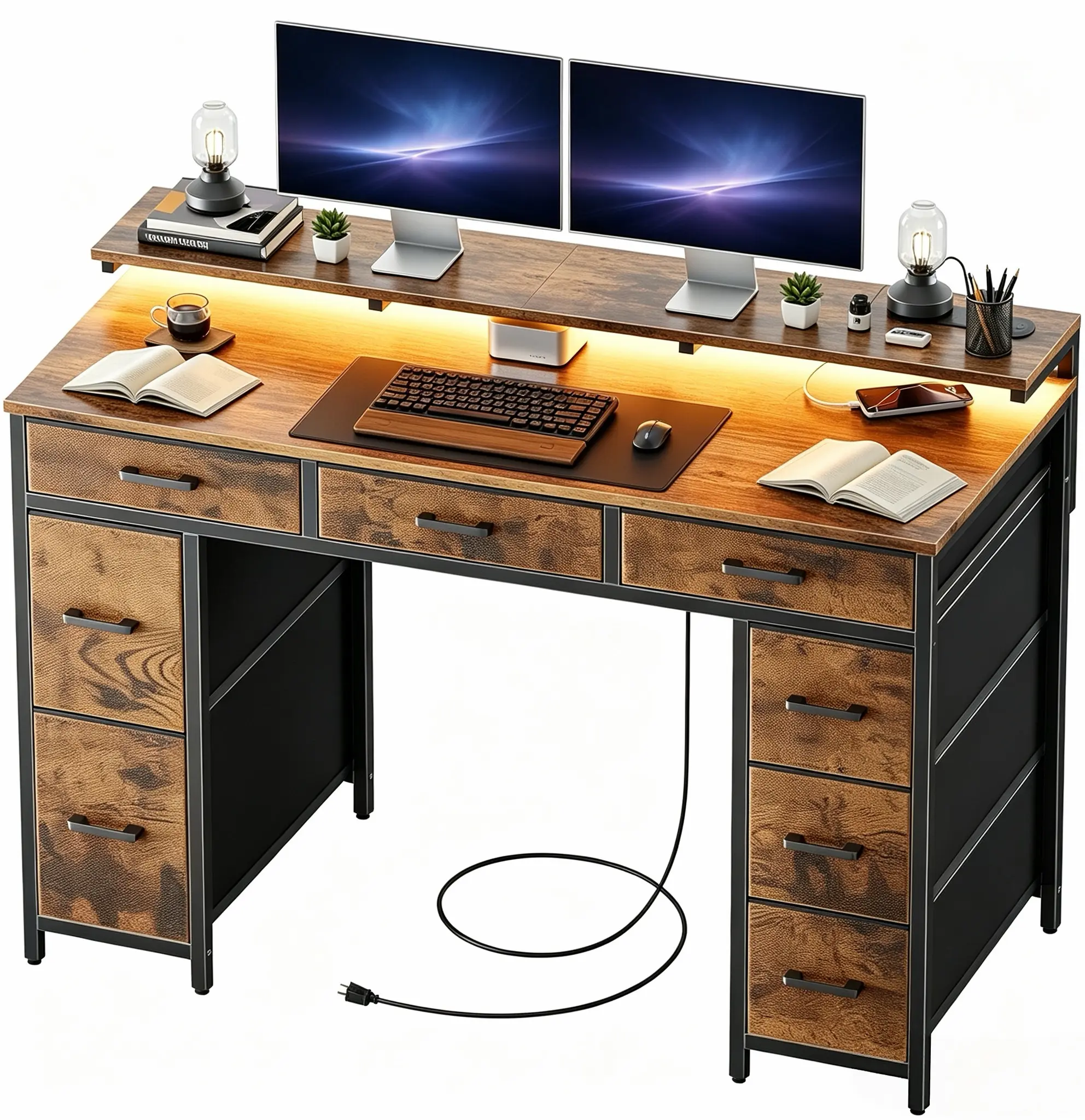 47 Inch Gaming Desk with LED & 8 Storage Fabric Drawer office  ergonomic computer workstation  pc stand, perfect gift