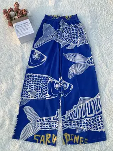 Vintage Sardine Print Wide-Leg Palazzo Pants Nautical Pattern Design Women Trousers for Coastal Outfits #SpringStatements