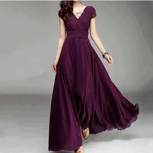 Women's Solid Short-Sleeve Formal Maxi Dress - Chiffon Polyester Fabric, Ideal for Evening Clothes