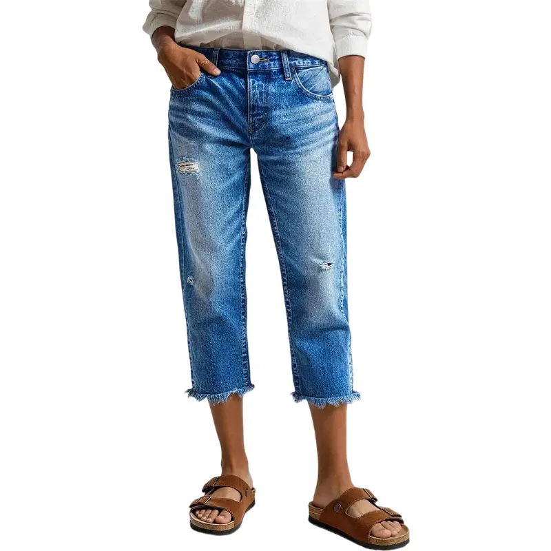 Flamingals Raw Hem Ripped Mid Waist Straight Leg Capri Jeans Stretchy 21.3'' Inseam