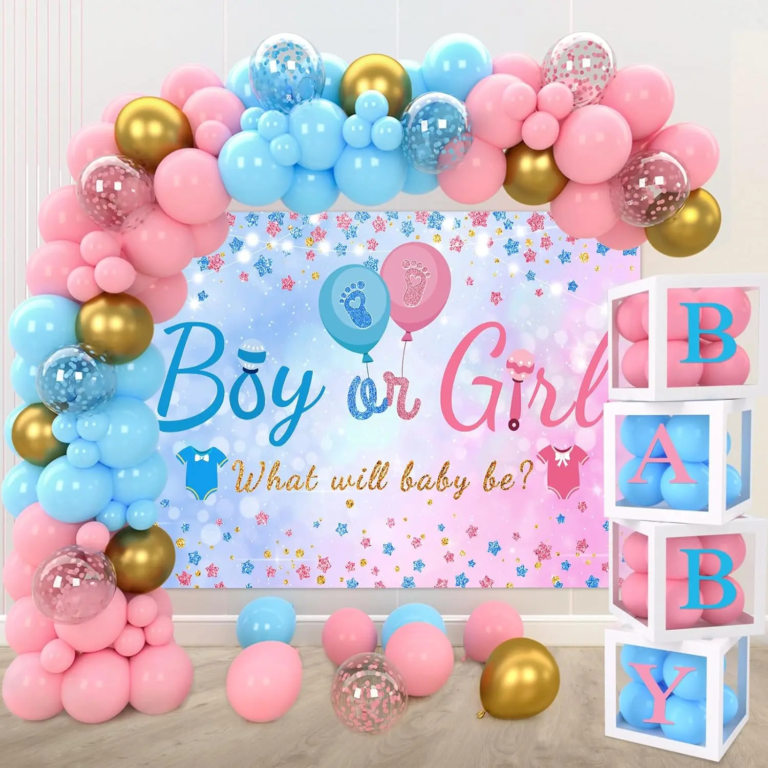 Gender Reveal Baby Balloon Boxes Decorations, Pink Blue Balloon Arch Garland Kits With 4pcs Baby Boxes, Gender Reveal Backdrop for Baby Shower,Boy or Girl gender Reveal Party Supplies(141pcs) Set