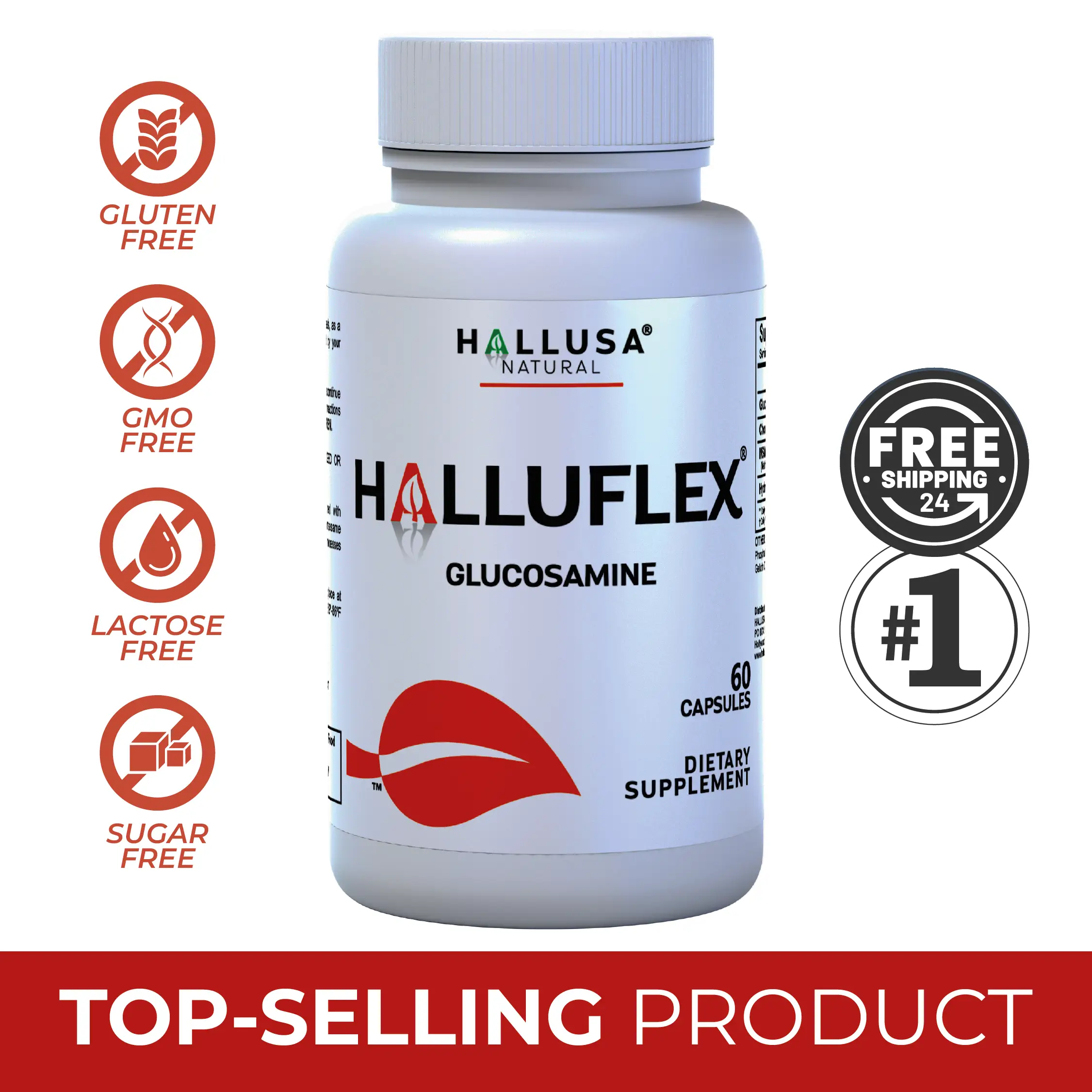 Halluflex Glucosamine 1500 mg - Supplement Dietary with Chondroitin and Collagen - 60 Cap - Healthcare - HALLUSA NATURAL Vitamins Bathroom