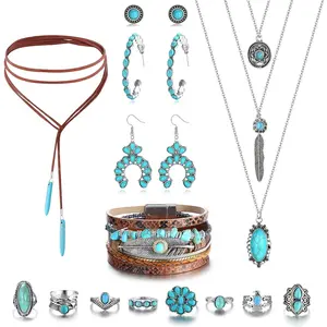 MILACOLATO Western Jewelry For Women Bohemian Turquoise Jewelry Set Turquoise Pendant Choker Necklace Turquoise Faux Leather Cuff Bracelet Turquoise Hoop Dangle Earrings Turquoise Joint Knuckle