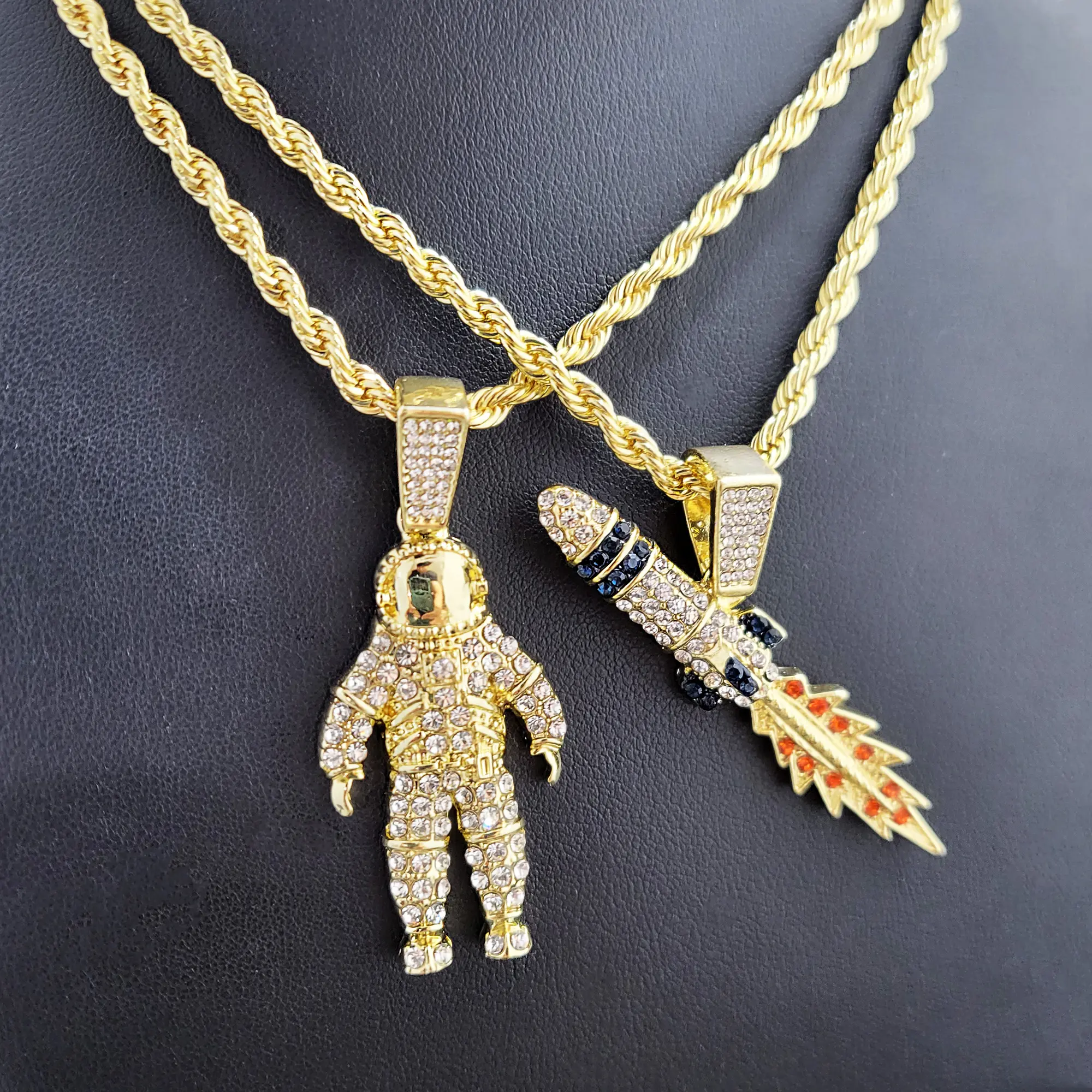 MaxBling81 Iced Astronaut & Rocket Pendant 2-Necklace Set with 4mm 24" Long Rope Chain, 14K Gold/Silver Plated High-Quality Polished Costume Jewelry