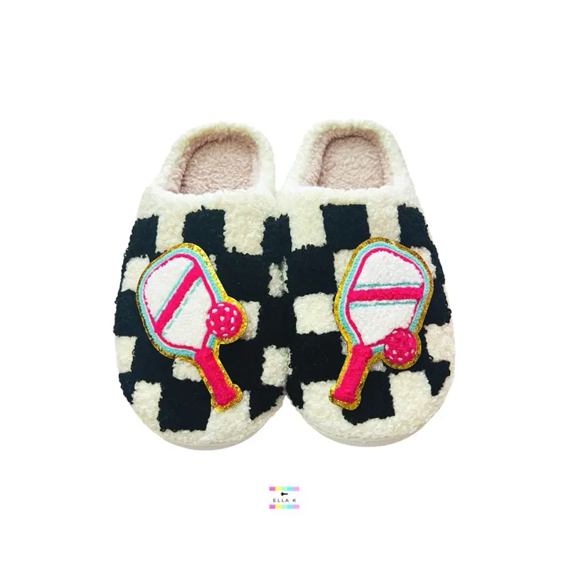 Chenille Pickleball Patch Checkered House Slippers / Non Slip Memory Foam Sherpa Indoor Slippers / Women’s Pickleball Checkered Footwear / Soft Sherpa / Comfort