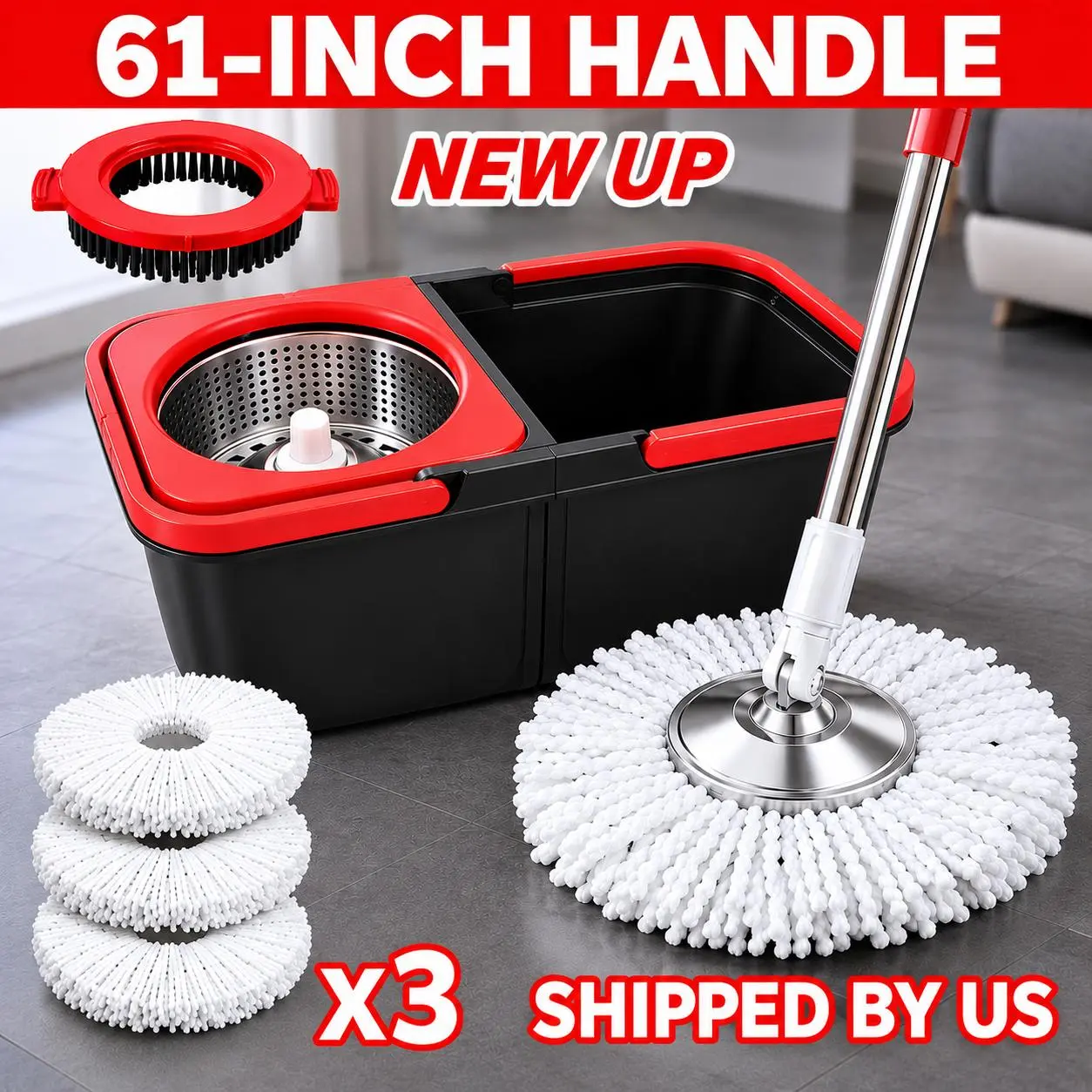 Spin Mop and Bucket System with Wringer Set - Stainless Steel Basket, Adjustable Handle, Foldable Soap Dispenser, 3 Extra Smooth Absorbent Microfiber Heads - Cleaning Supplies and Tools, Housekeeping Essentials for All Floor Types