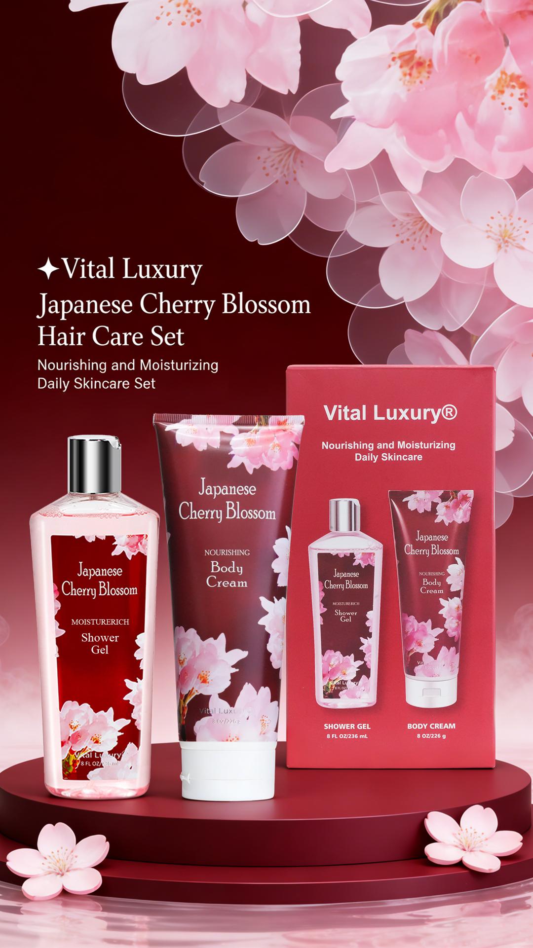 Vital Luxury Cherry Blossom Scented Bath Travel Set | 3oz Body Lotion, 3oz Body Mist | Rich Lather, All-Day Freshness, Moisturizing & Revitalizing | Ideal Gift for Mom, Wife, Sister & Girlfriend! Moisturize